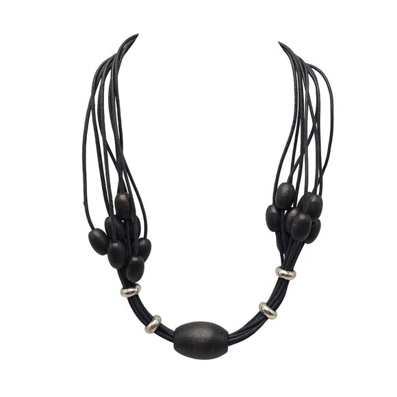 Black Wooden Bead Multi Strand Necklace With Silver Tone Accents - Picture 1 of 5